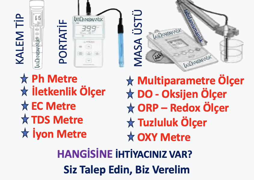 Ph, iletkenlik, tuzluluk, oksijen ölçer, orp, redox, oxy, iyon, tds, ec, mutiparametre ölçer ihtiyacınız için bize ulaşabilirsiniz.